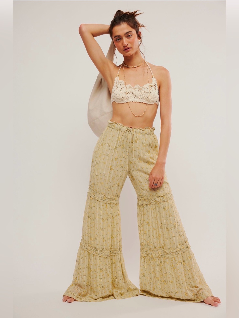 NWT FREE PEOPLE Emmaline Tiered Pull-on Pants Wide Leg Sage Combo M